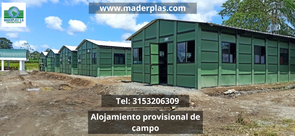 Maderplast Campamentos prefabricados modulares en polipropileno. Diseñados como casas modulares para alojamientos temporales, bases de operaciones y proyectos de obra en Colombia, estos módulos destacan por su resistencia a condiciones extremas, fácil montaje y durabilidad. Su estructura portátil y desarmable los hace ideales como casa prefabricadas, para aplicaciones industriales, militares y civiles, ofreciendo una solución tipo prefabricado casa, eficiente, de bajo mantenimiento y larga vida útil.
