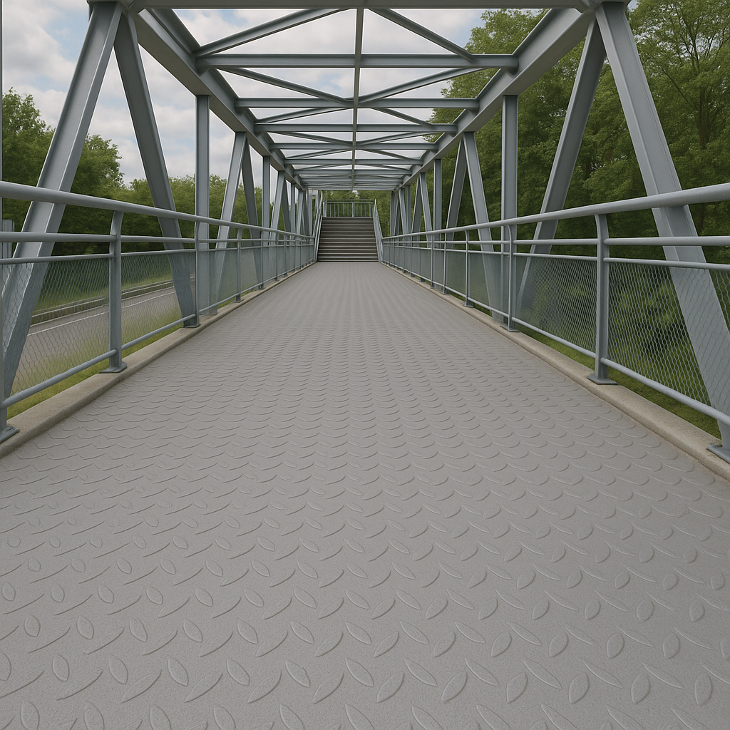 Piso de alfajor antideslizante instalado en un puente peatonal metálico, mostrando su superficie texturizada tipo lágrima para mayor seguridad.