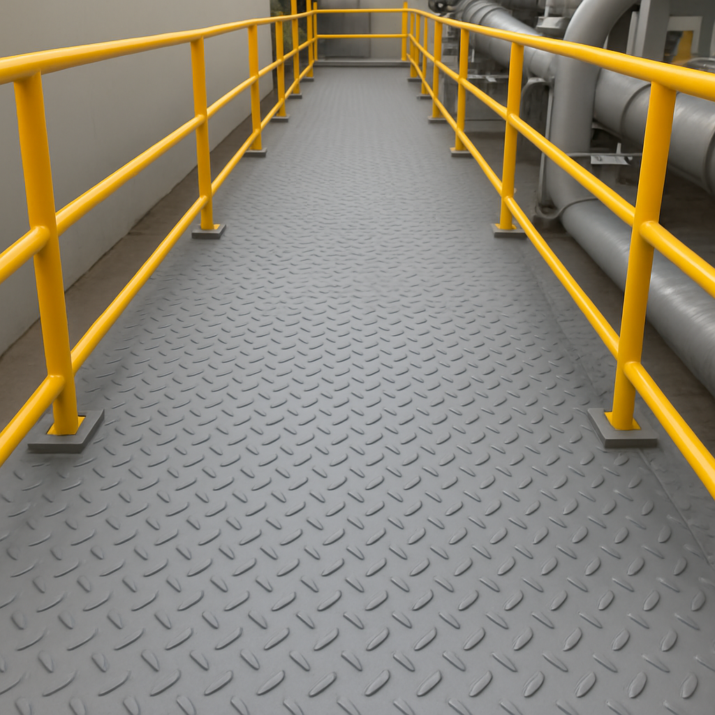 Pasarela industrial con piso de alfajor antideslizante en polipropileno y barandas de seguridad amarillas, diseñada para tránsito seguro en plantas y áreas técnicas.