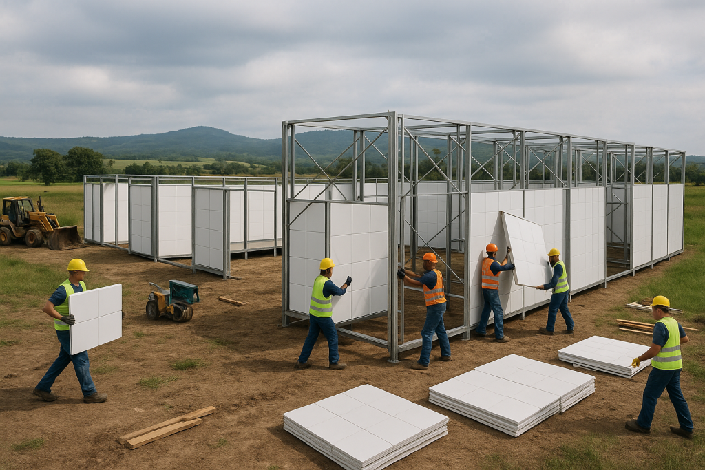 Equipo de obreros construye un campamento modular grande en zona rural, instalando paneles cuadrados de polipropileno sobre estructuras metálicas mientras varios módulos avanzan simultáneamente.