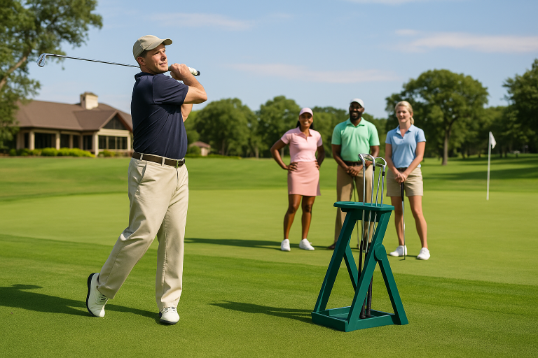 Cuatro golfistas en un club de golf durante una ronda, con un soporte de palos de golf en polipropileno de Maderplast en primer plano, sosteniendo varios palos largos.