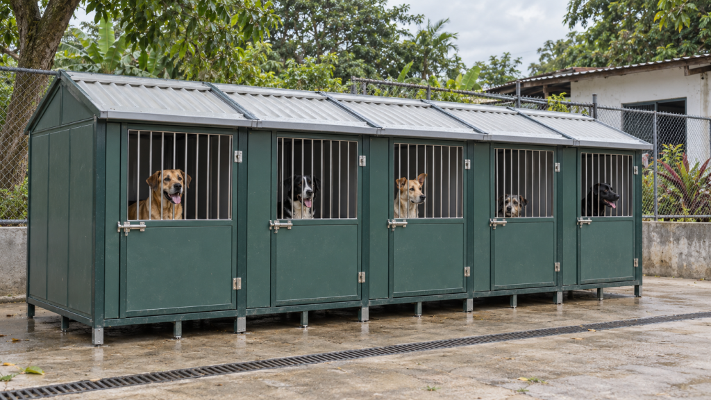 Caniles modulares Maderplast en plástico estructural con cinco espacios individuales para perros.